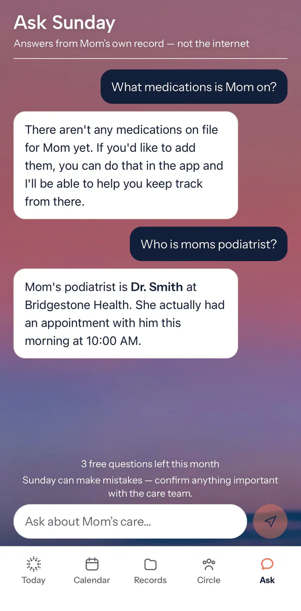 Ask Sunday answering a question about Mom's podiatrist from her own record, and saying plainly when a medication list isn't on file yet