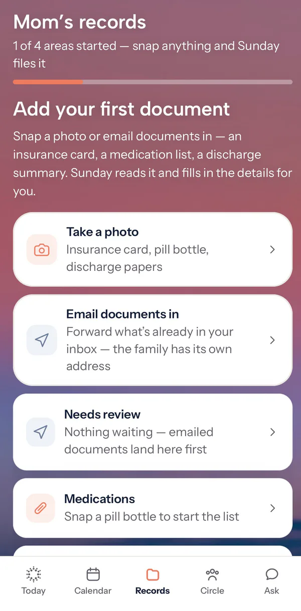 Mom's records in Sunday: take a photo or email documents in, and Sunday reads them and fills in the details
